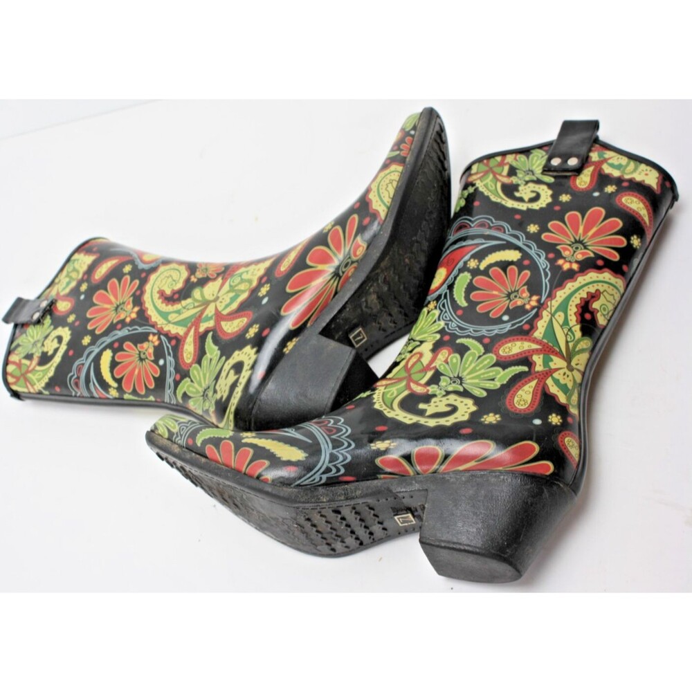 Nomad Boots Womens size 7 Black/Pink/Green Flower Rodeo Western Cowboy Rain - Picture 7 of 8
